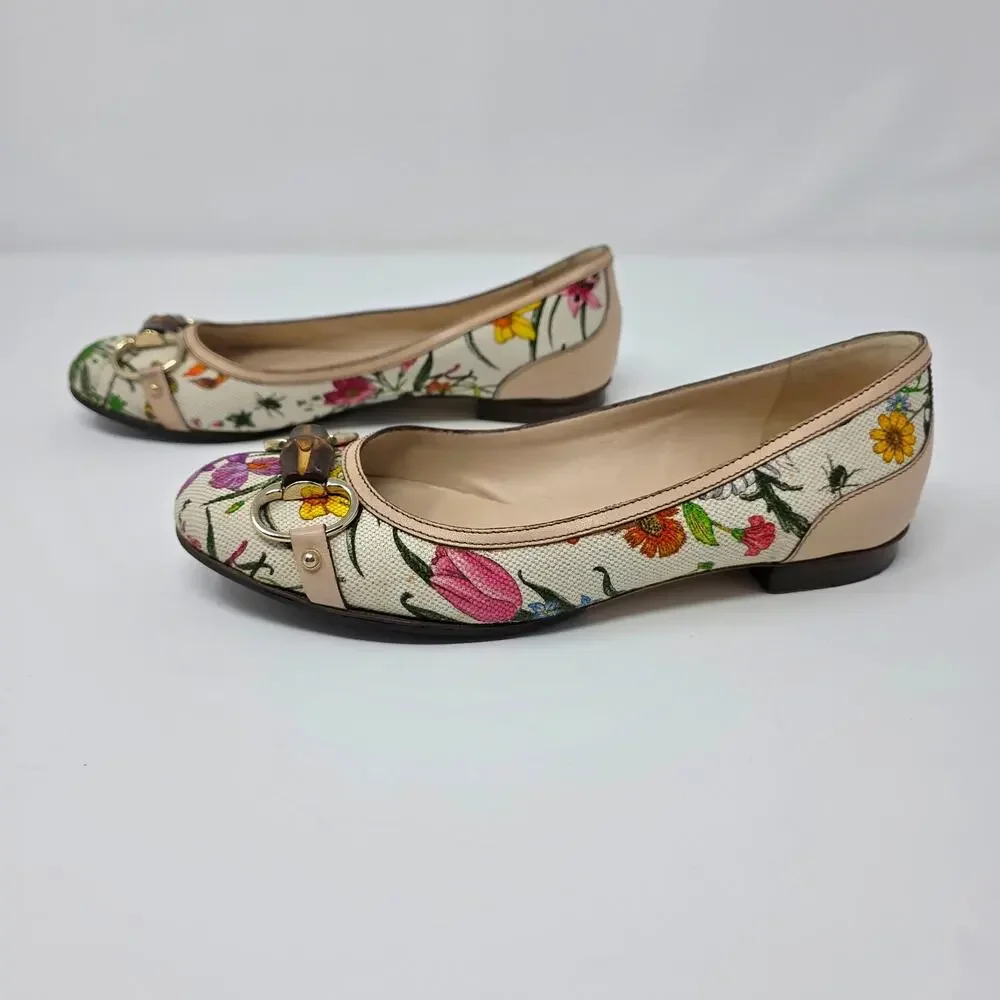 Gucci Horsebit Ballerina Floral Vintage Bamboo Flats Canvas Leather IT 36C 6